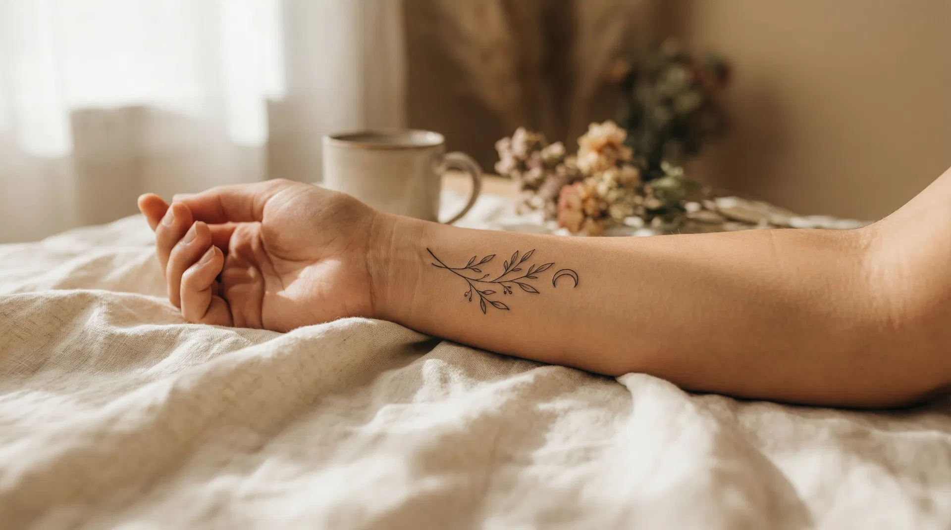 Delicate floral semi-permanent tattoo on forearm